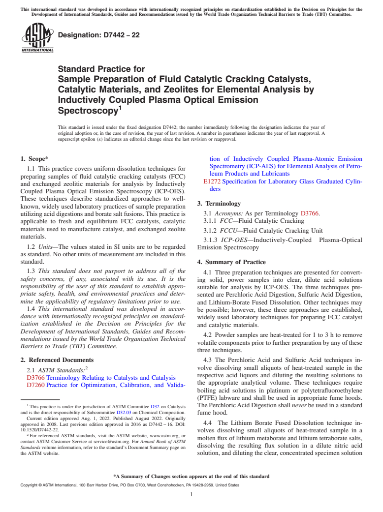 ASTM D7442-22 - Standard Practice for Sample Preparation of Fluid Catalytic Cracking Catalysts, Catalytic Materials, and Zeolites for Elemental Analysis by Inductively Coupled Plasma Optical Emission Spectroscopy