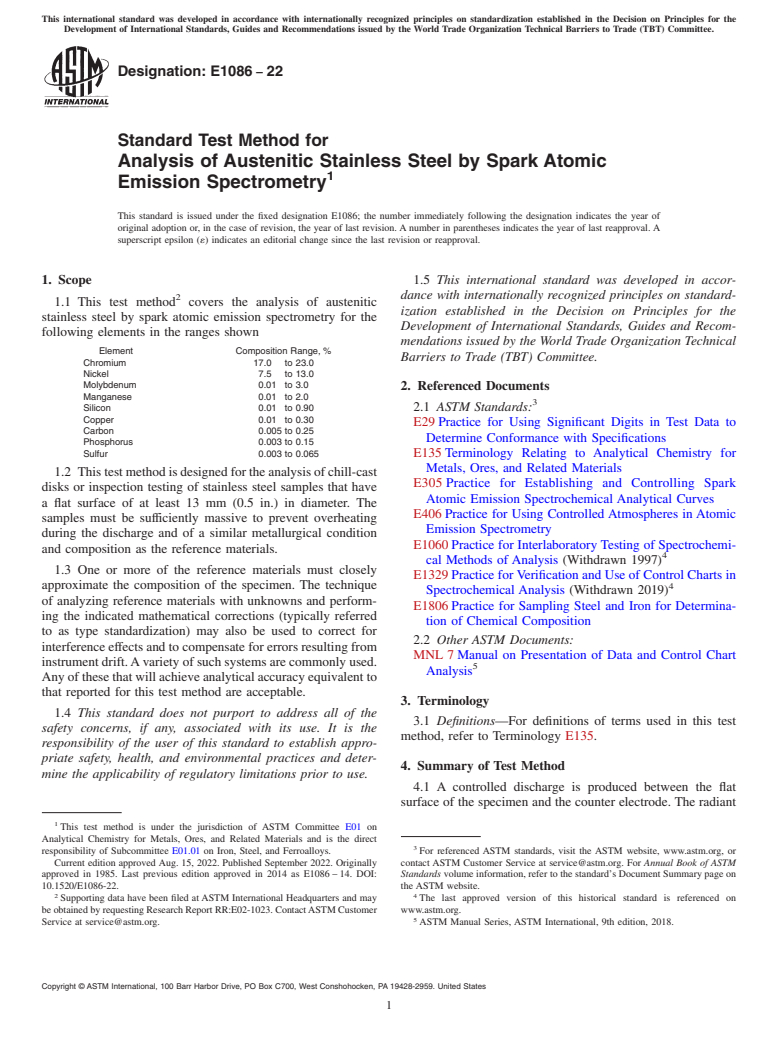 ASTM E1086-22 - Standard Test Method for  Analysis of Austenitic Stainless Steel by Spark Atomic Emission  Spectrometry