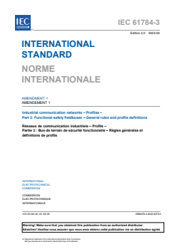 IEC 61784-3:2021/AMD1:2024 - Amendment 1 - Industrial communication networks - Profiles - Part 3: Functional safety fieldbuses - General rules and profile definitions
Released:4/19/2024
Isbn:9782832282793 - Page 3 preview