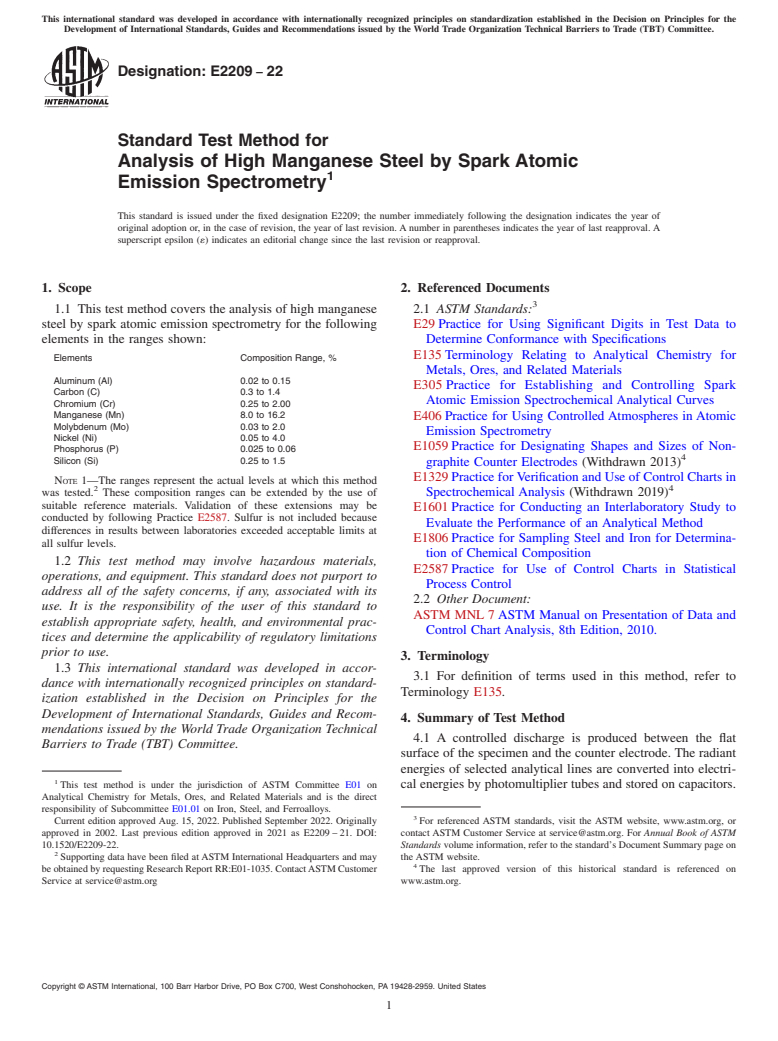 ASTM E2209-22 - Standard Test Method for  Analysis of High Manganese Steel by Spark Atomic Emission Spectrometry