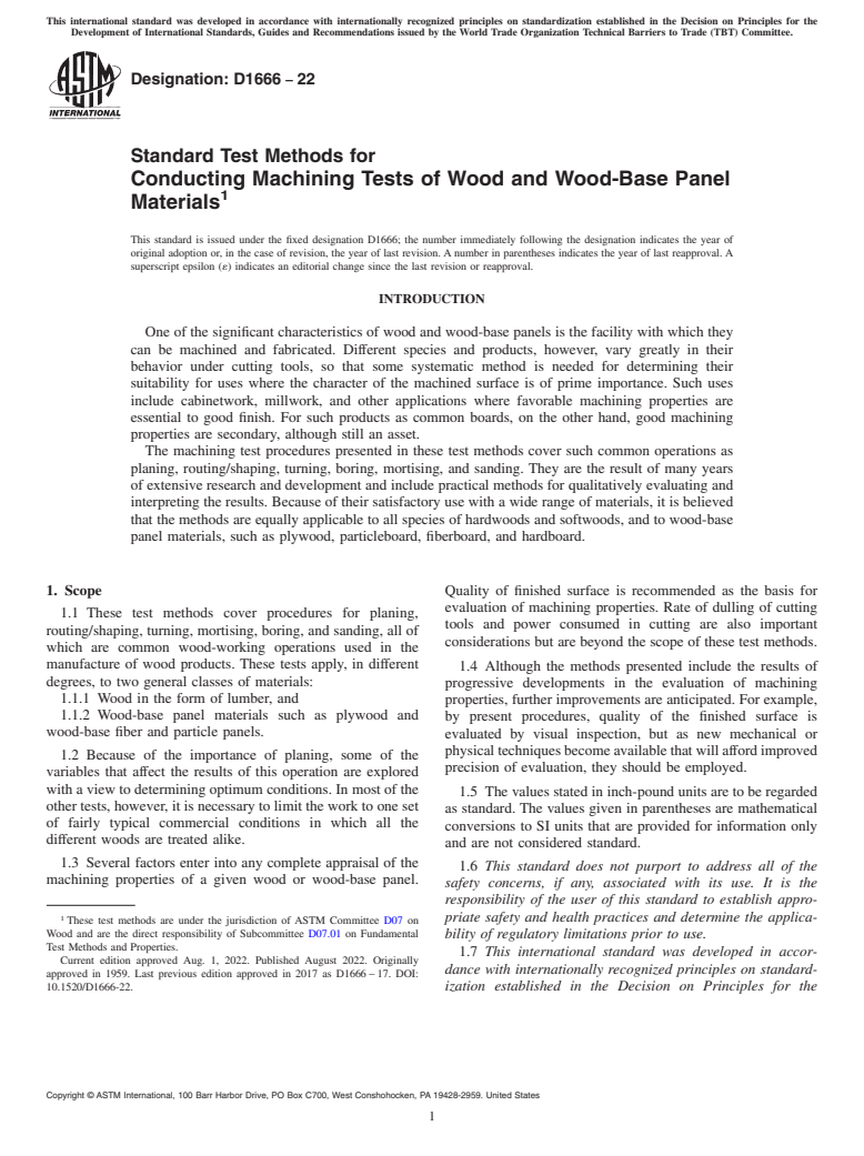 ASTM D1666-22 - Standard Test Methods for  Conducting Machining Tests of Wood and Wood-Base Panel Materials
