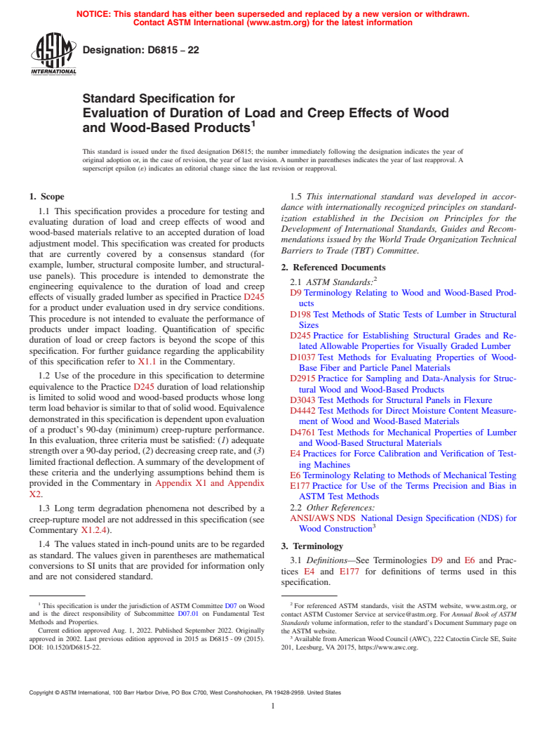 ASTM D6815-22 - Standard Specification for  Evaluation of Duration of Load and Creep Effects of Wood and   Wood-Based Products