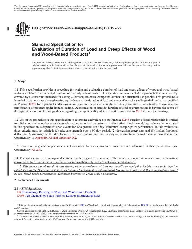 REDLINE ASTM D6815-22 - Standard Specification for  Evaluation of Duration of Load and Creep Effects of Wood and   Wood-Based Products