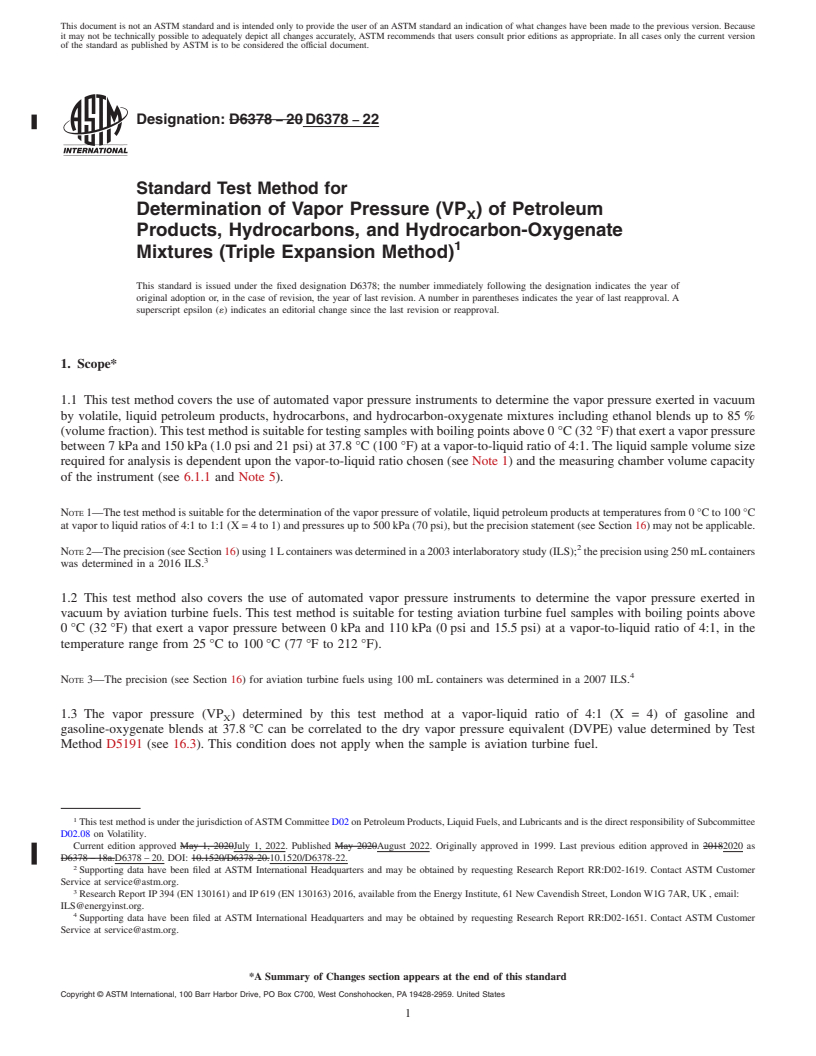 REDLINE ASTM D6378-22 - Standard Test Method for  Determination of Vapor Pressure (VP<inf>X</inf>) of Petroleum   Products, Hydrocarbons, and Hydrocarbon-Oxygenate Mixtures (Triple   Expansion Method)