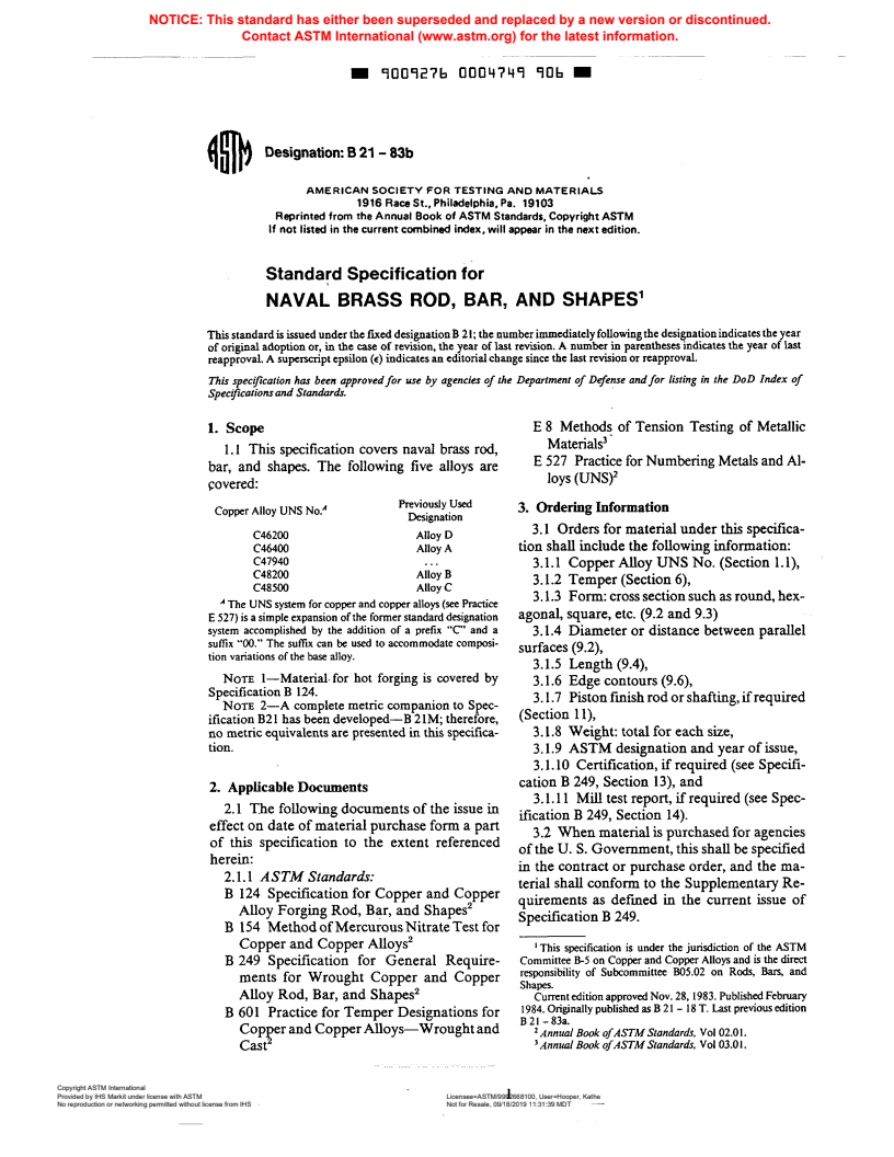 ASTM B21-83b - Standard Specification for Naval Brass Rod, Bar, and Shapes