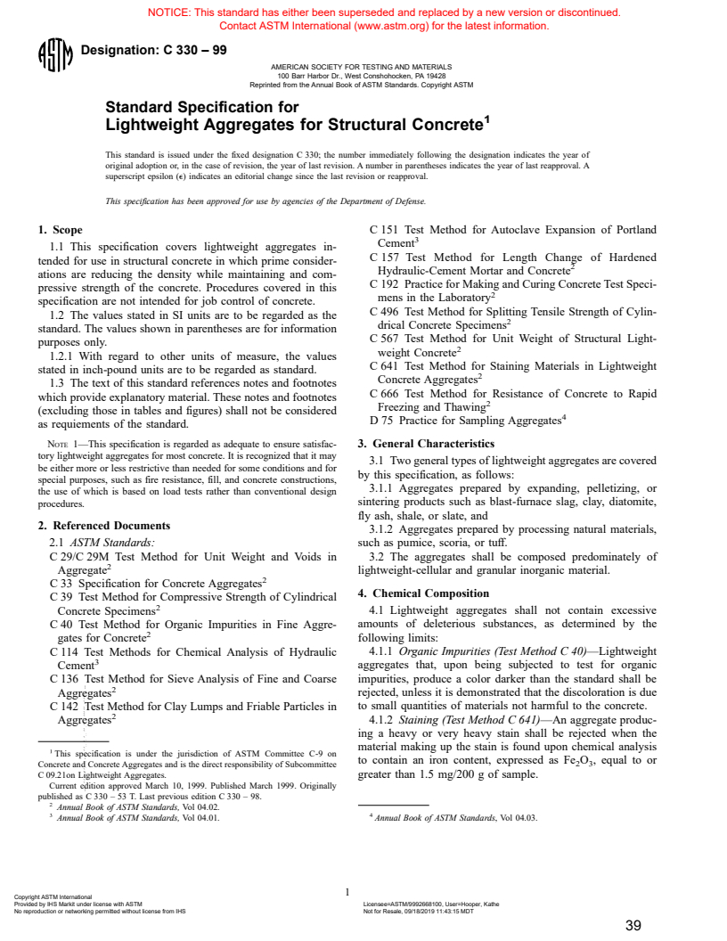 ASTM C330-99 - Standard Specification for Lightweight Aggregates For Structural Concrete