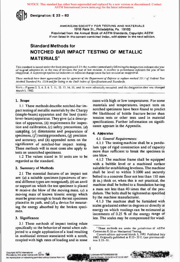 ASTM E23-82 - Standard Methods for Notched Bar Impact Testing of Metallic Materials