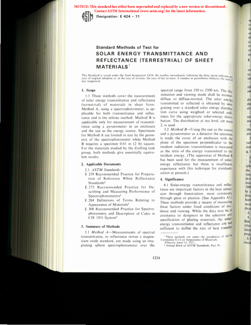 ASTM E424-71 - Standard Methods of Test for Solar Energy Transmittance and Reflectance (Terrestrial) of Sheet Materials