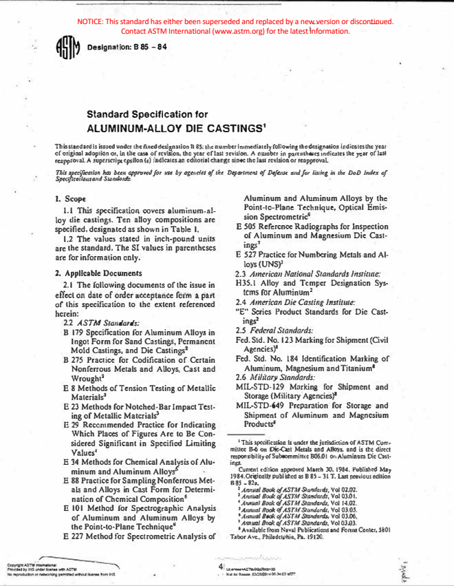 ASTM B85-84 - Standard Specification for Aluminum-Alloy Die Castings