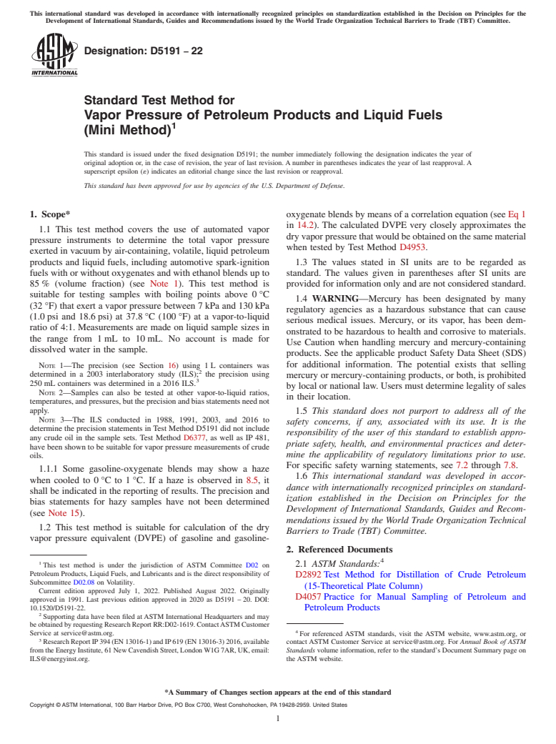 ASTM D5191-22 - Standard Test Method for Vapor Pressure of Petroleum Products and Liquid Fuels (Mini  Method)