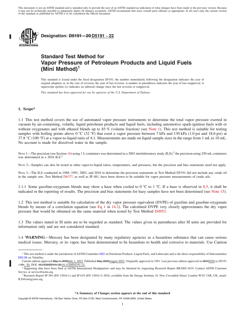 REDLINE ASTM D5191-22 - Standard Test Method for Vapor Pressure of Petroleum Products and Liquid Fuels (Mini  Method)