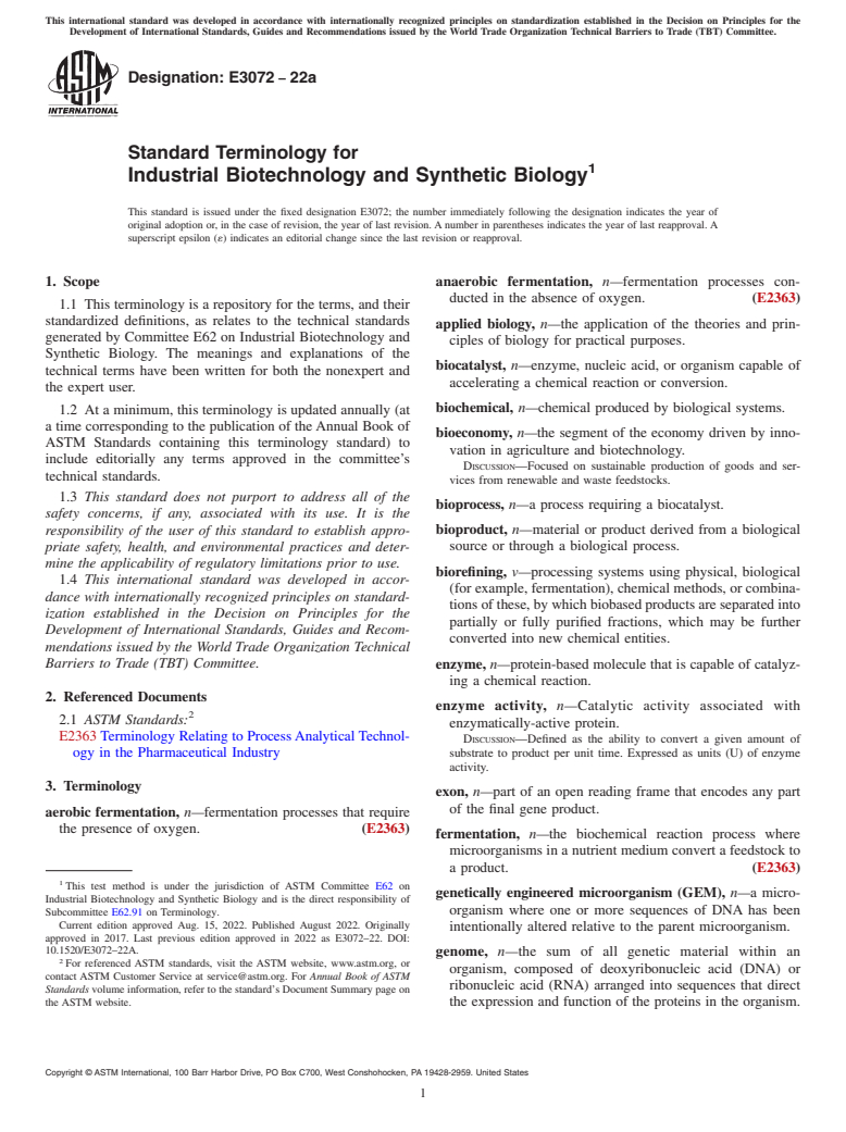 ASTM E3072-22a - Standard Terminology for Industrial Biotechnology and Synthetic Biology