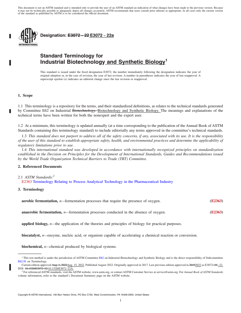 REDLINE ASTM E3072-22a - Standard Terminology for Industrial Biotechnology and Synthetic Biology