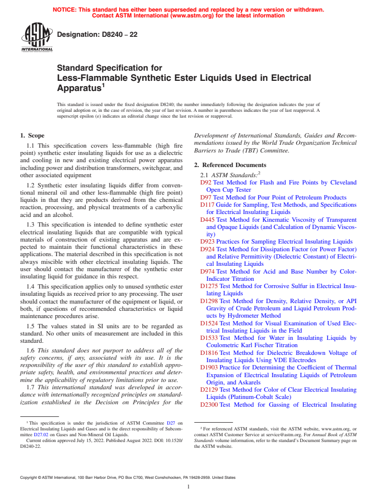 ASTM D8240-22 - Standard Specification for Less-Flammable Synthetic Ester Liquids Used in Electrical Apparatus