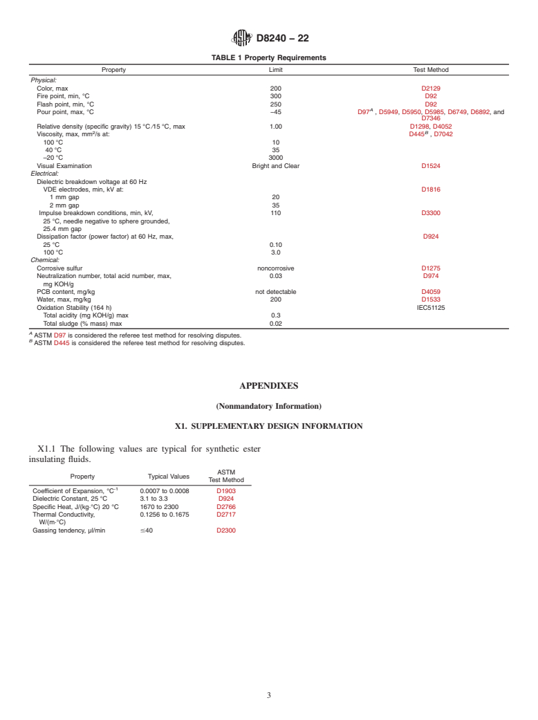 ASTM D8240-22 - Standard Specification for Less-Flammable Synthetic Ester Liquids Used in Electrical Apparatus