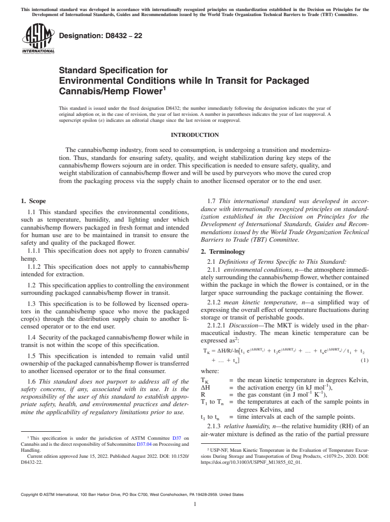 ASTM D8432-22 - Standard Specification for Environmental Conditions while In Transit for Packaged Cannabis/Hemp  Flower