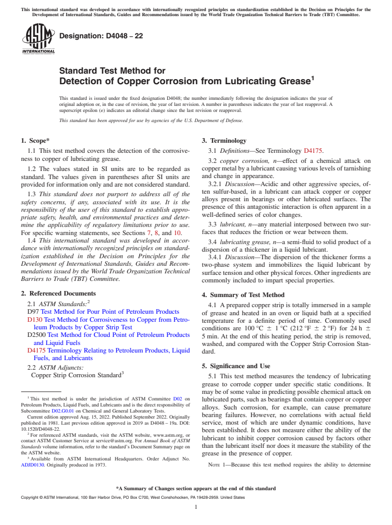 ASTM D4048-22 - Standard Test Method for  Detection of Copper Corrosion from Lubricating Grease