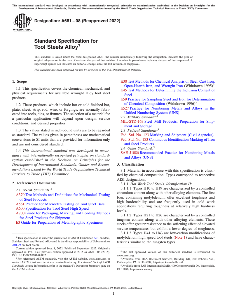 ASTM A681-08(2022) - Standard Specification for Tool Steels Alloy