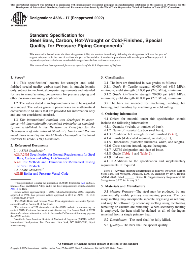 ASTM A696-17(2022) - Standard Specification for Steel Bars, Carbon, Hot-Wrought or Cold-Finished, Special Quality,  for Pressure Piping Components