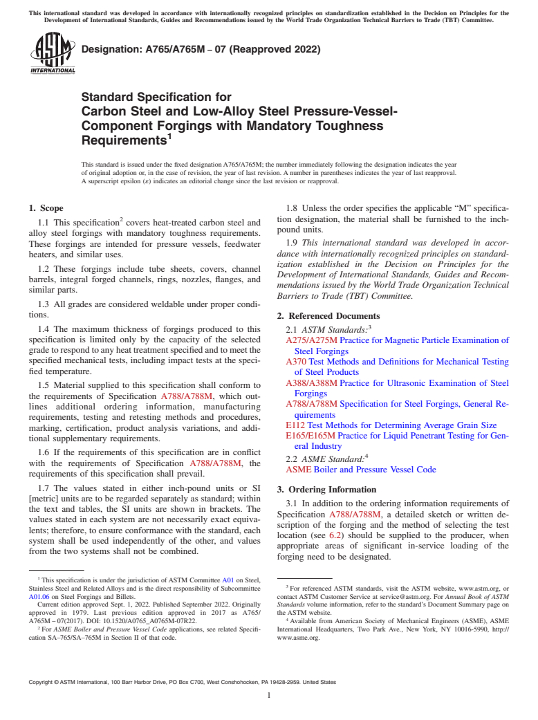 ASTM A765/A765M-07(2022) - Standard Specification for Carbon Steel and Low-Alloy Steel Pressure-Vessel-Component  Forgings with Mandatory Toughness Requirements