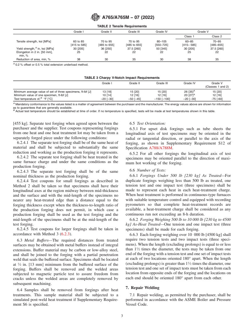 ASTM A765/A765M-07(2022) - Standard Specification for Carbon Steel and Low-Alloy Steel Pressure-Vessel-Component  Forgings with Mandatory Toughness Requirements