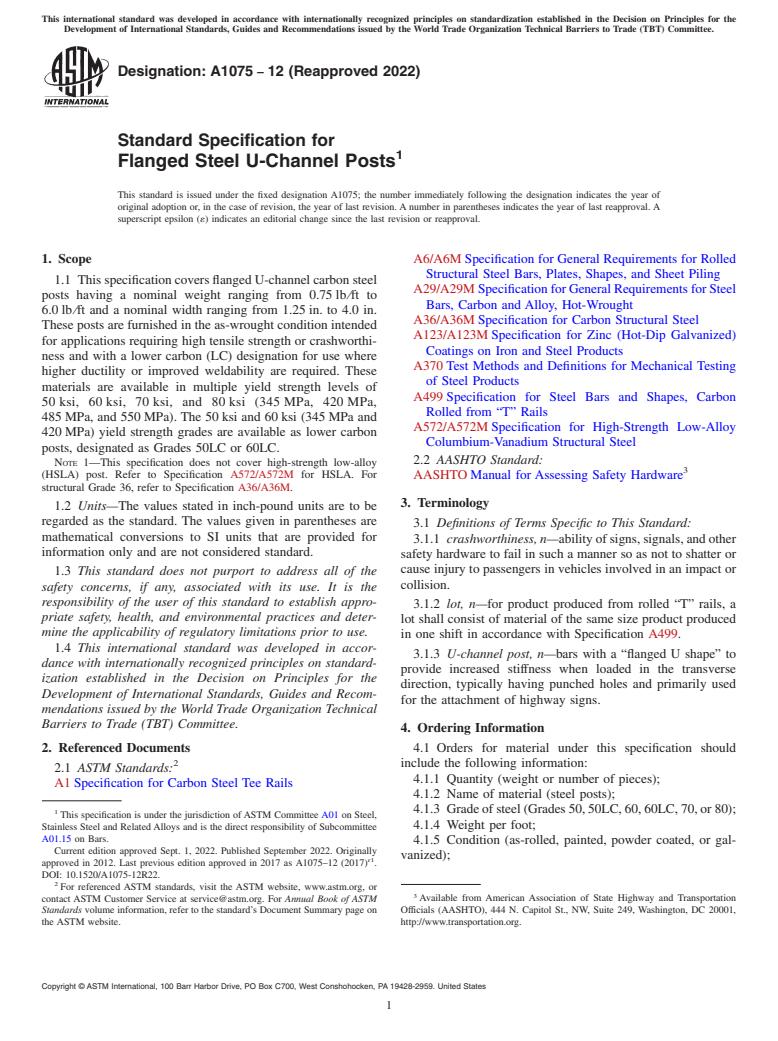 ASTM A1075-12(2022) - Standard Specification for Flanged Steel U-Channel Posts