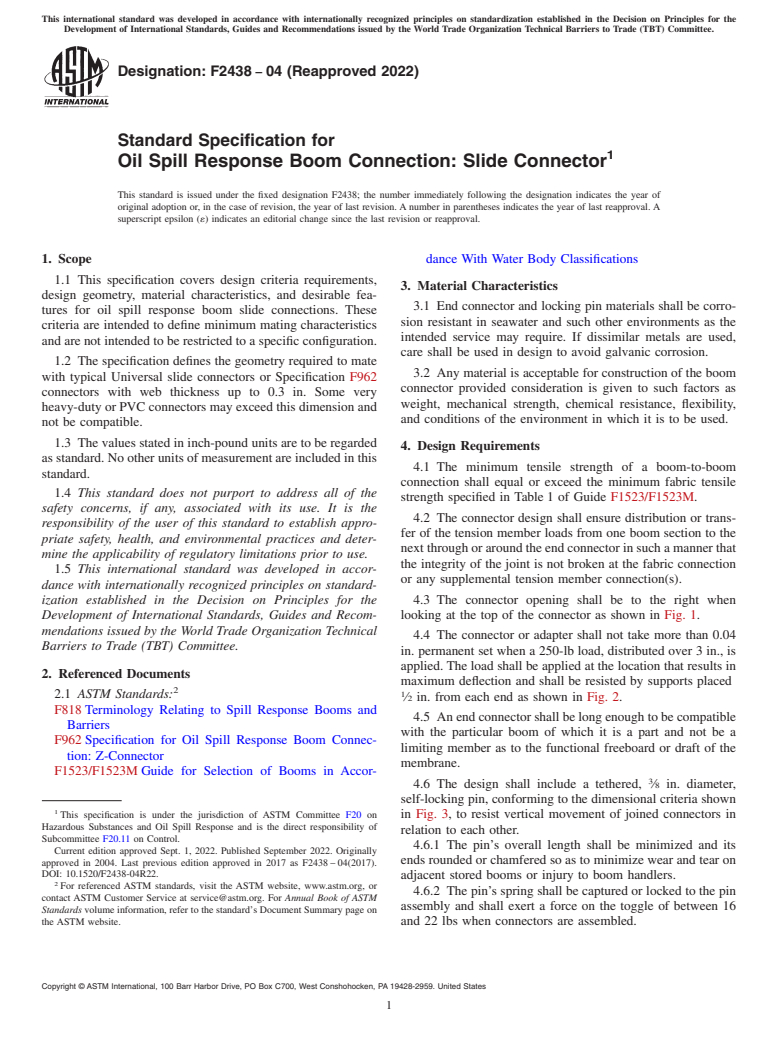 ASTM F2438-04(2022) - Standard Specification for  Oil Spill Response Boom Connection: Slide Connector