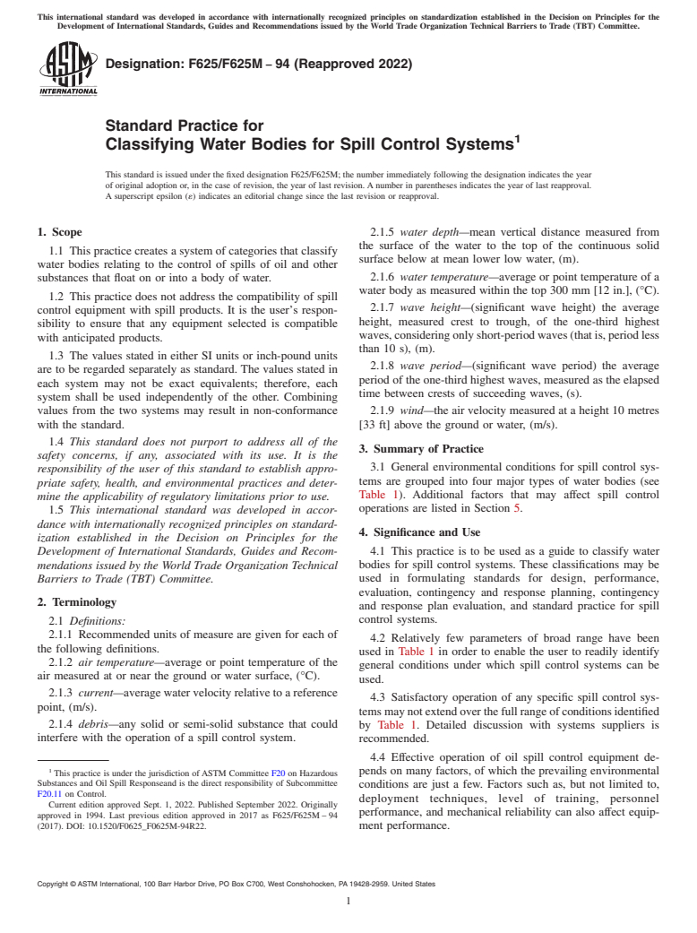 ASTM F625/F625M-94(2022) - Standard Practice for  Classifying Water Bodies for Spill Control Systems