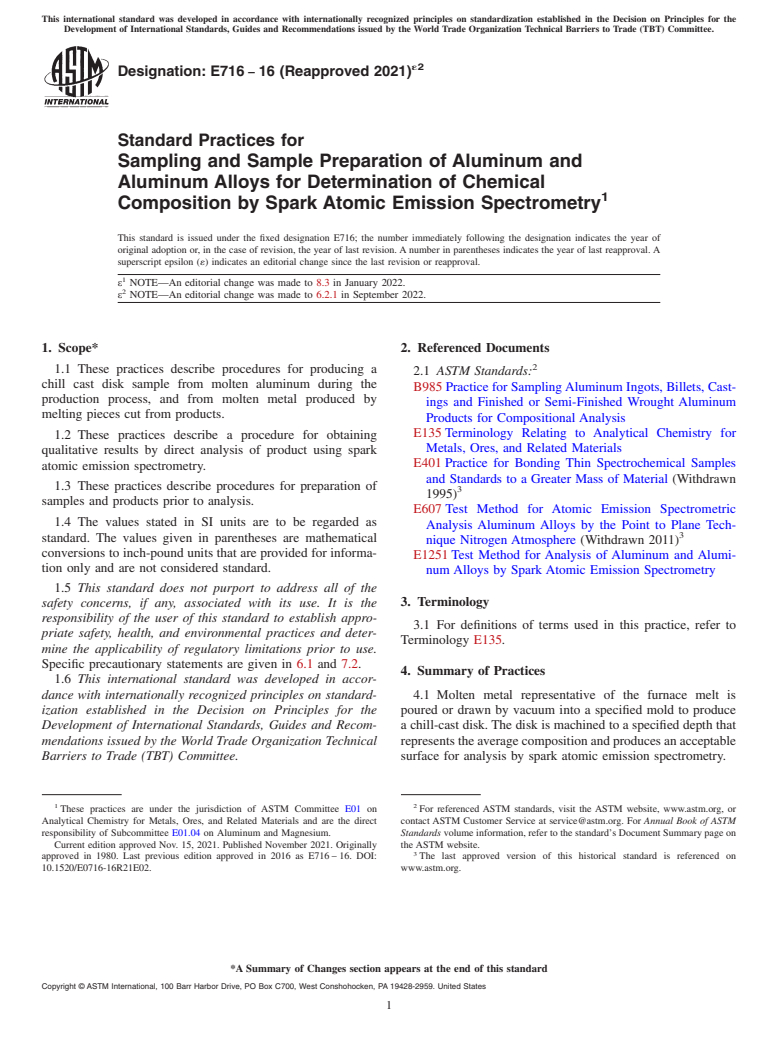 ASTM E716-16(2021)e2 - Standard Practices for  Sampling and Sample Preparation of Aluminum and Aluminum Alloys  for Determination of Chemical Composition by Spark Atomic Emission  Spectrometry