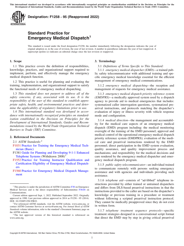 ASTM F1258-95(2022) - Standard Practice for  Emergency Medical Dispatch