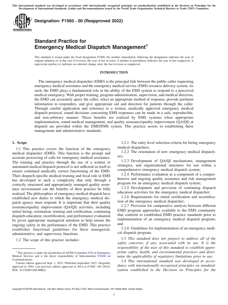 ASTM F1560-00(2022) - Standard Practice for Emergency Medical Dispatch Management