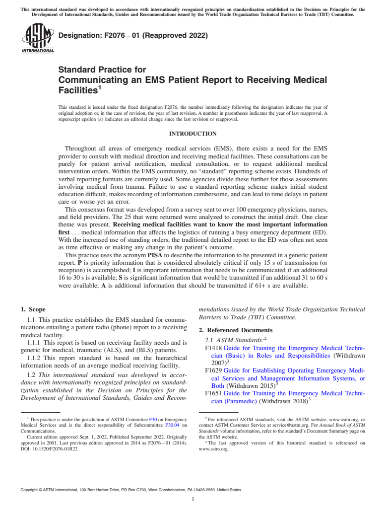 ASTM F2076-01(2022) - Standard Practice for Communicating an EMS Patient Report to Receiving Medical Facilities