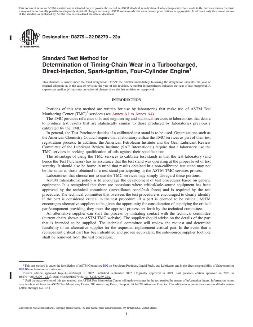 REDLINE ASTM D8279-22a - Standard Test Method for Determination of Timing-Chain Wear in a Turbocharged, Direct-Injection,  Spark-Ignition, Four-Cylinder Engine