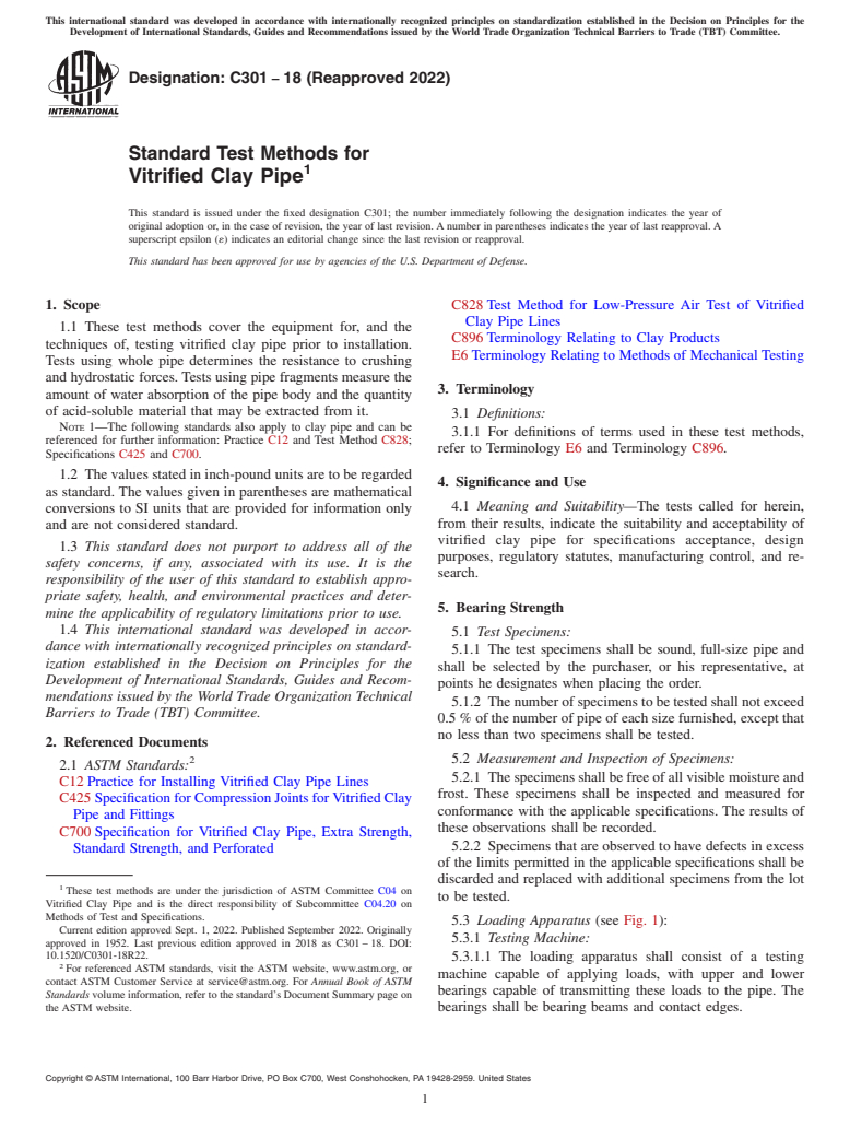 ASTM C301-18(2022) - Standard Test Methods for Vitrified Clay Pipe