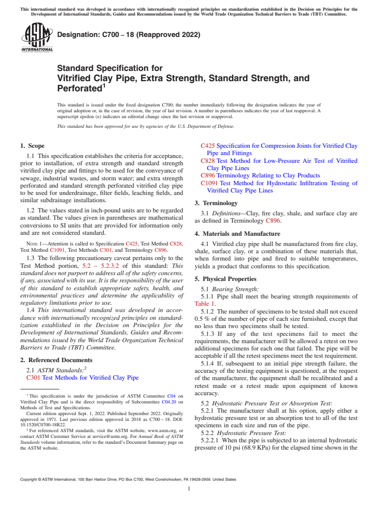 ASTM C700-18(2022) - Standard Specification for Vitrified Clay Pipe, Extra Strength, Standard Strength, and  Perforated