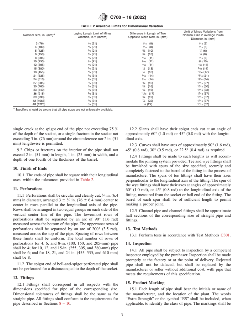 ASTM C700-18(2022) - Standard Specification for Vitrified Clay Pipe, Extra Strength, Standard Strength, and  Perforated