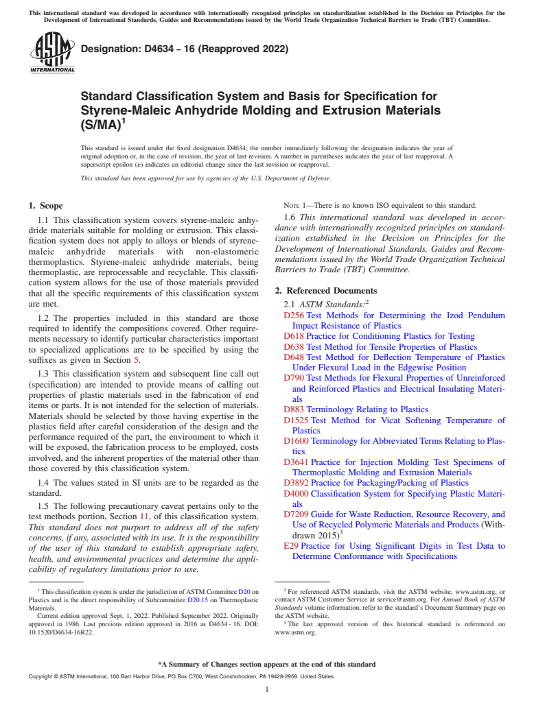 ASTM D4634-16(2022) - Standard Classification System and Basis for Specification for Styrene-Maleic Anhydride Molding and Extrusion Materials (S/MA)