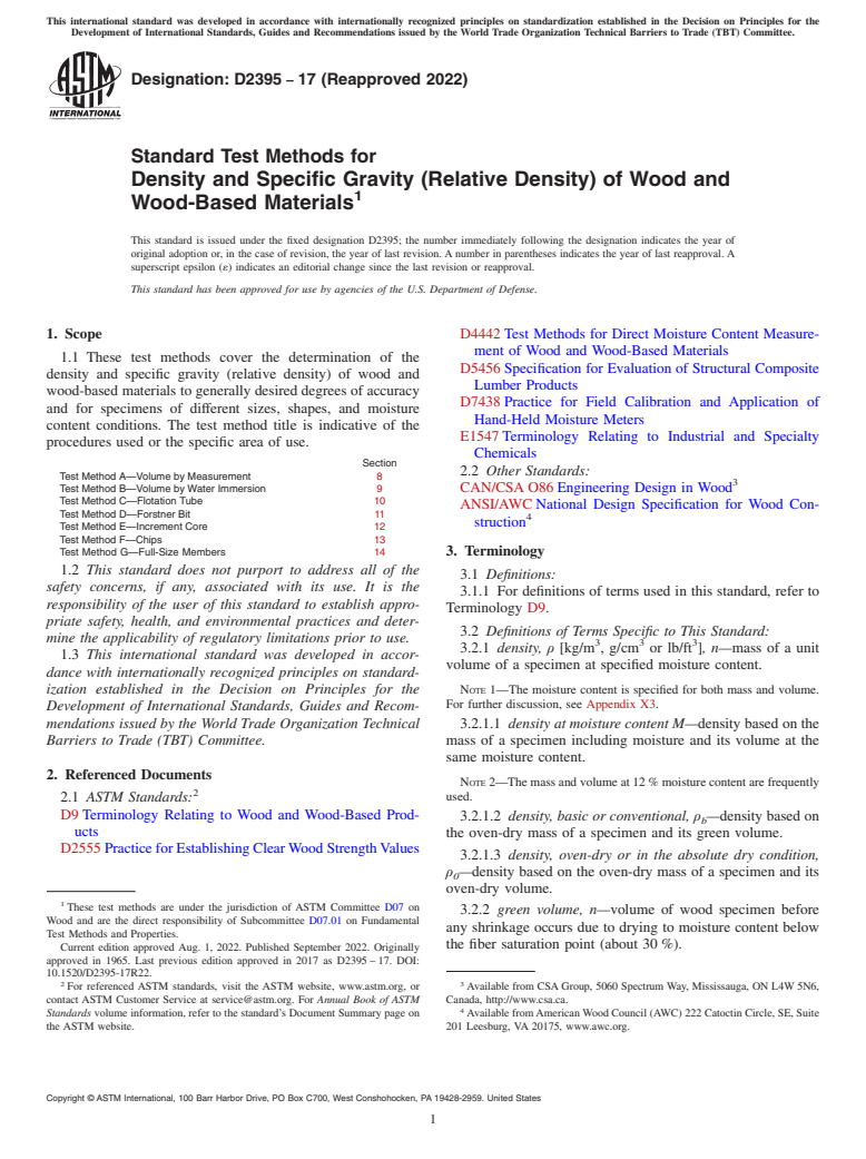 ASTM D2395-17(2022) - Standard Test Methods for Density and Specific Gravity (Relative Density) of Wood and  Wood-Based Materials