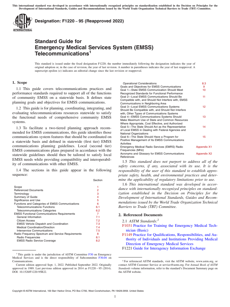 ASTM F1220-95(2022) - Standard Guide for  Emergency Medical Services System (EMSS) Telecommunications
