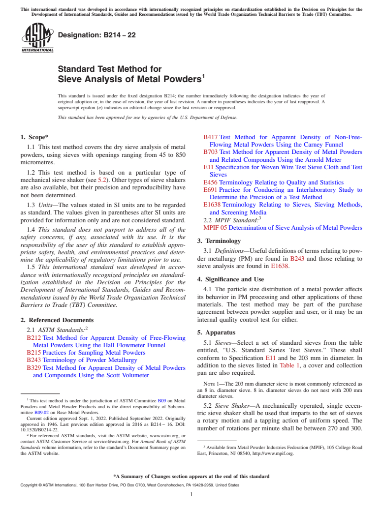 ASTM B214-22 - Standard Test Method for Sieve Analysis of  Metal Powders