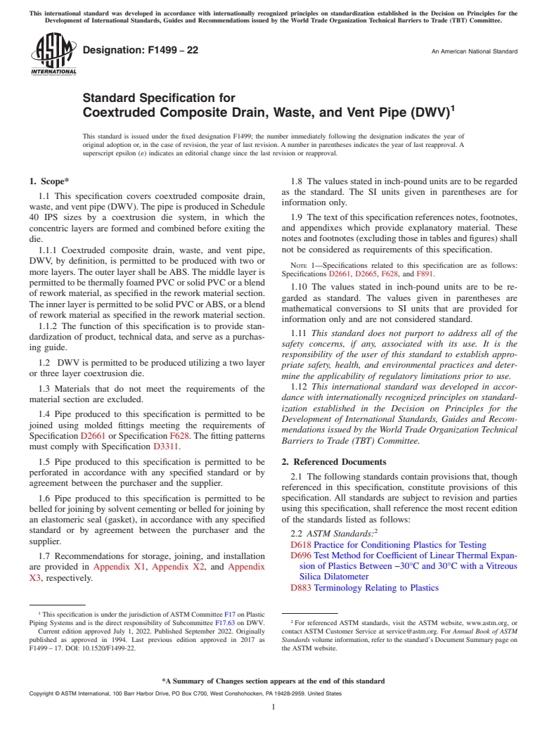 ASTM F1499-22 - Standard Specification for  Coextruded Composite Drain, Waste, and Vent Pipe (DWV)