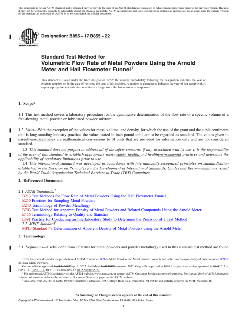 REDLINE ASTM B855-22 - Standard Test Method for  Volumetric Flow Rate of Metal Powders Using the Arnold Meter   and Hall Flowmeter Funnel