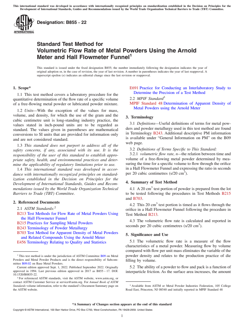 ASTM B855-22 - Standard Test Method for  Volumetric Flow Rate of Metal Powders Using the Arnold Meter   and Hall Flowmeter Funnel