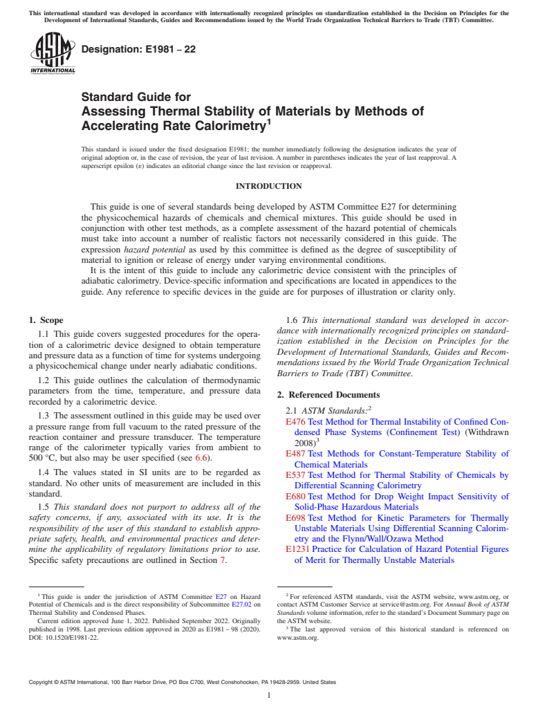 ASTM E1981-22 - Standard Guide for  Assessing Thermal Stability of Materials by Methods of Accelerating  Rate Calorimetry