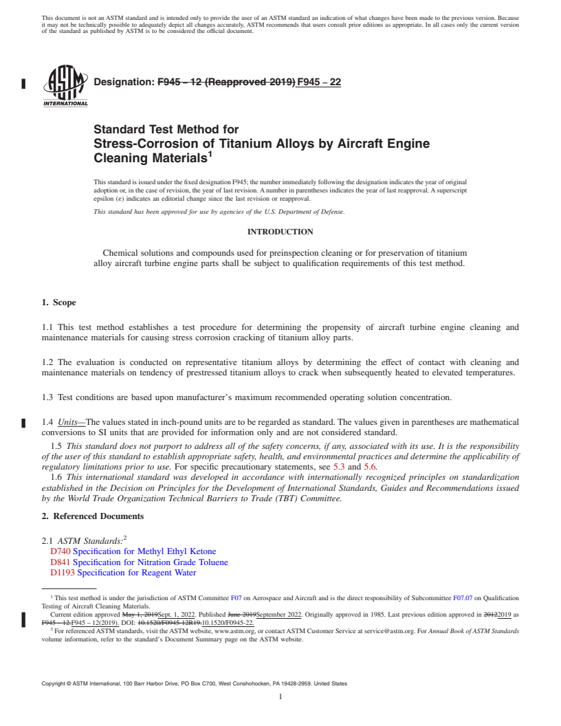 REDLINE ASTM F945-22 - Standard Test Method for  Stress-Corrosion of Titanium Alloys by Aircraft Engine Cleaning  Materials
