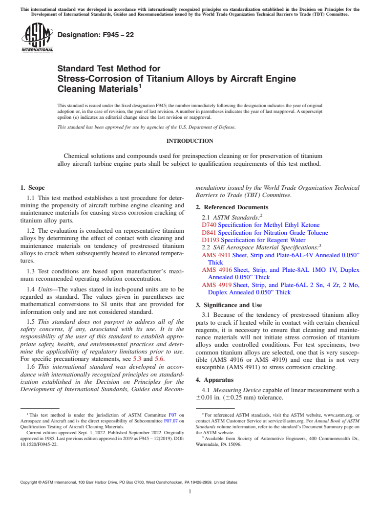 ASTM F945-22 - Standard Test Method for  Stress-Corrosion of Titanium Alloys by Aircraft Engine Cleaning  Materials