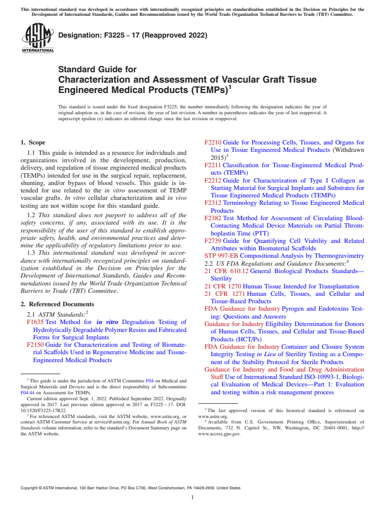 ASTM F3225-17(2022) - Standard Guide for Characterization and Assessment of Vascular Graft Tissue Engineered  Medical Products (TEMPs)