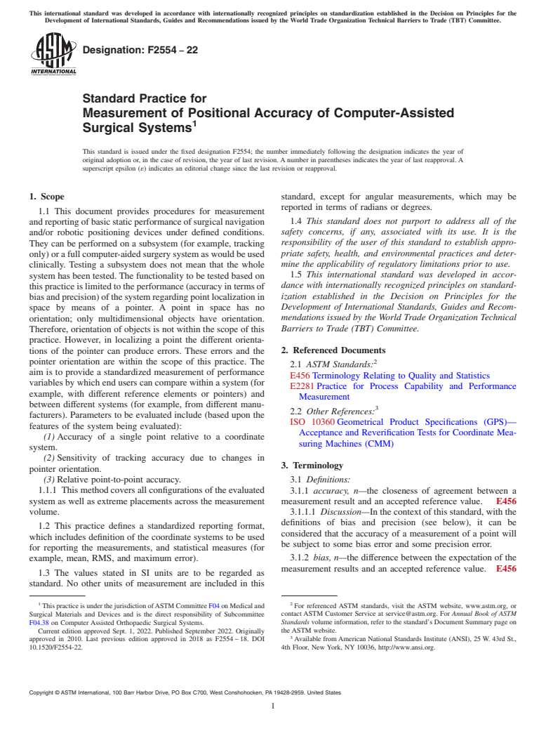 ASTM F2554-22 - Standard Practice for  Measurement of Positional Accuracy of Computer-Assisted Surgical  Systems