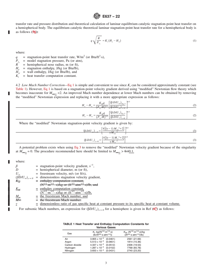 REDLINE ASTM E637-22 - Standard Test Method for Calculation of Stagnation Enthalpy from Heat Transfer Theory  and Experimental Measurements of Stagnation-Point Heat Transfer and  Pressure