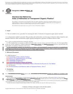 ASTM D542-22 REDLINE ASTM D542-22 - Standard Test Method for Index of Refraction of Transparent Organic Plastics - Page 1 preview